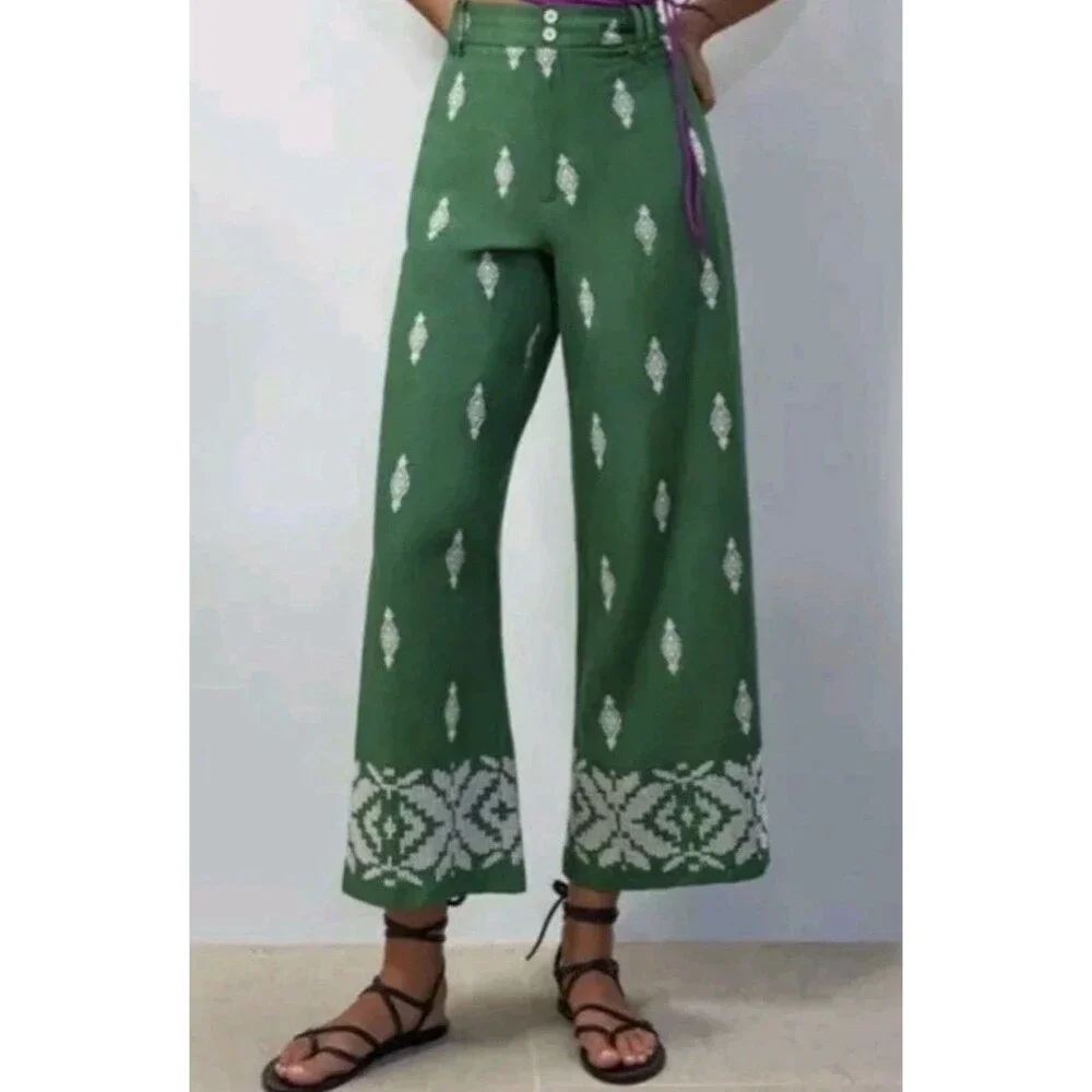 Zara Embroidery High Waisted Straight Pants Size Large Viscose Linen